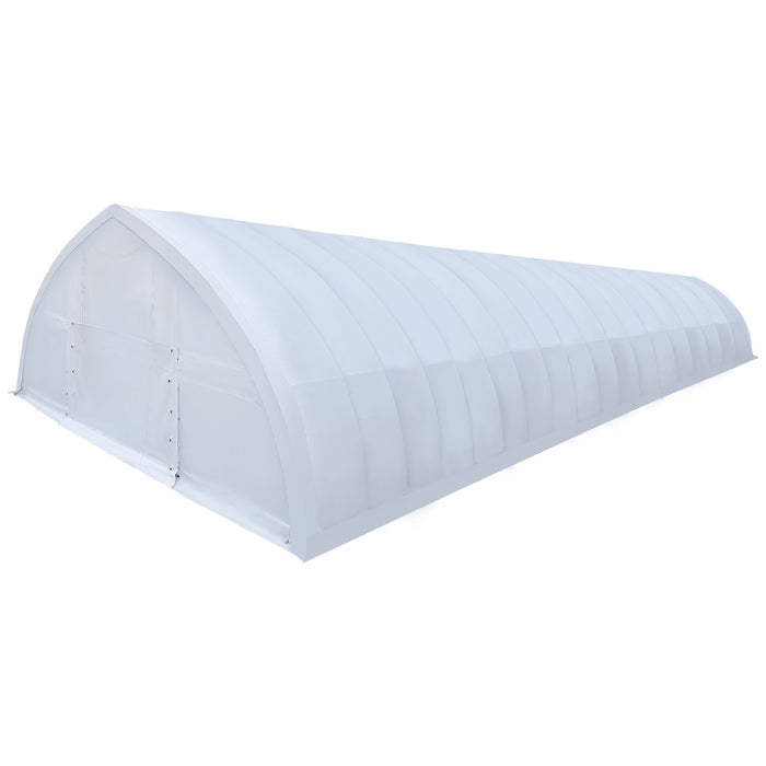 TMG-ST3082V 30x80 peak ceiling storage shelter with heavy duty 17 oz PVC cover, galvanized steel frame, and drive-through roll-up doors for large equipment storage