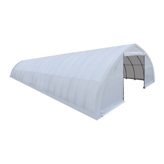 TMG-ST3082V 30x80 peak ceiling storage shelter with heavy duty 17 oz PVC cover, galvanized steel frame, and drive-through roll-up doors for large equipment storage