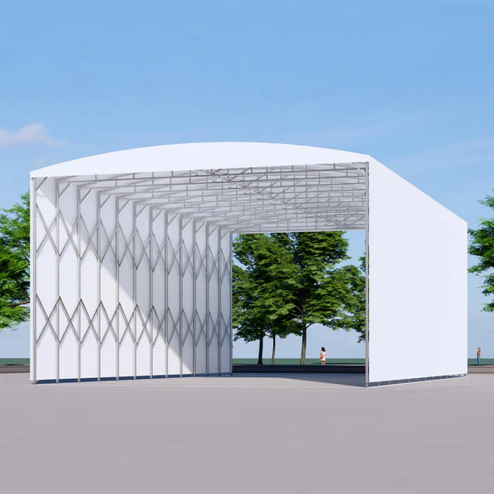 TMG-ST3337M Retractable Mobile Shelter, 33' x 37' footprint, 20' clearance height, 28 oz PVC cover, lockable 8" wheels
