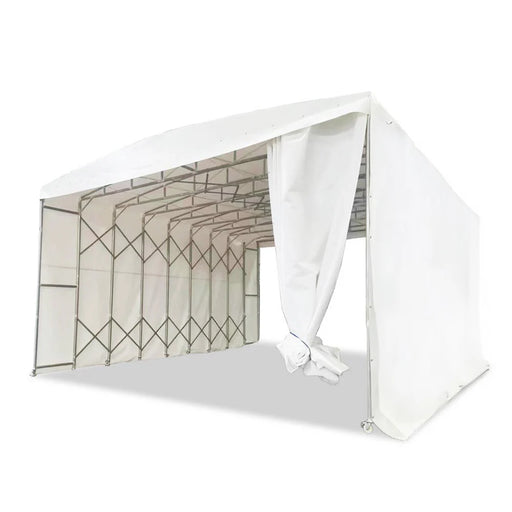 TMG-ST3337M Retractable Mobile Shelter, 33' x 37' footprint, 20' clearance height, 28 oz PVC cover, lockable 8" wheels
