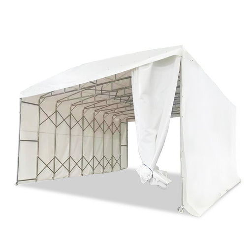 TMG-ST3350M Retractable Mobile Shelter, 33' x 50' footprint with 18' sidewalls, 20' peak height, 27 oz (900 GSM) PVC cover and galvanized steel frame on lockable wheels
