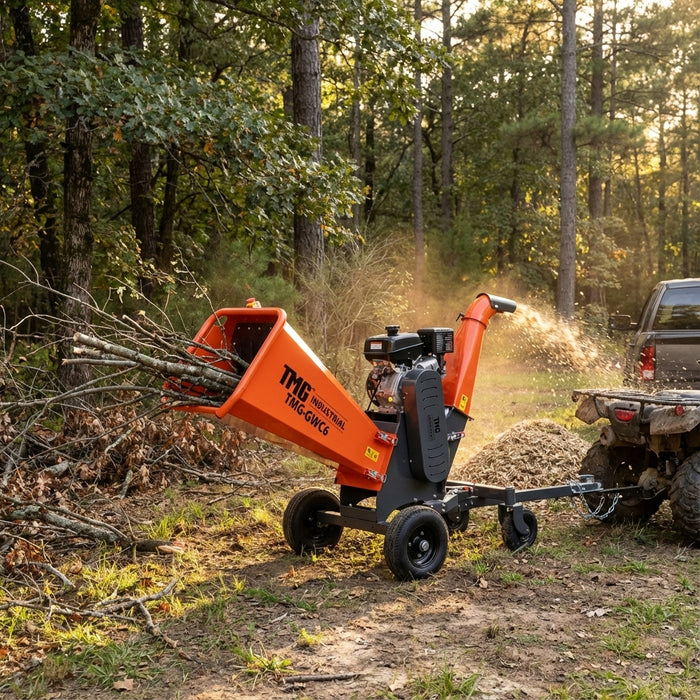 Déchiqueteuse à bois TMG Industrial 6" alimentée par Kohler 14 HP Command Pro Series, ATV Tow-Behind, lame réversible 12'', entraînement à double courroie, TMG-GWC6
