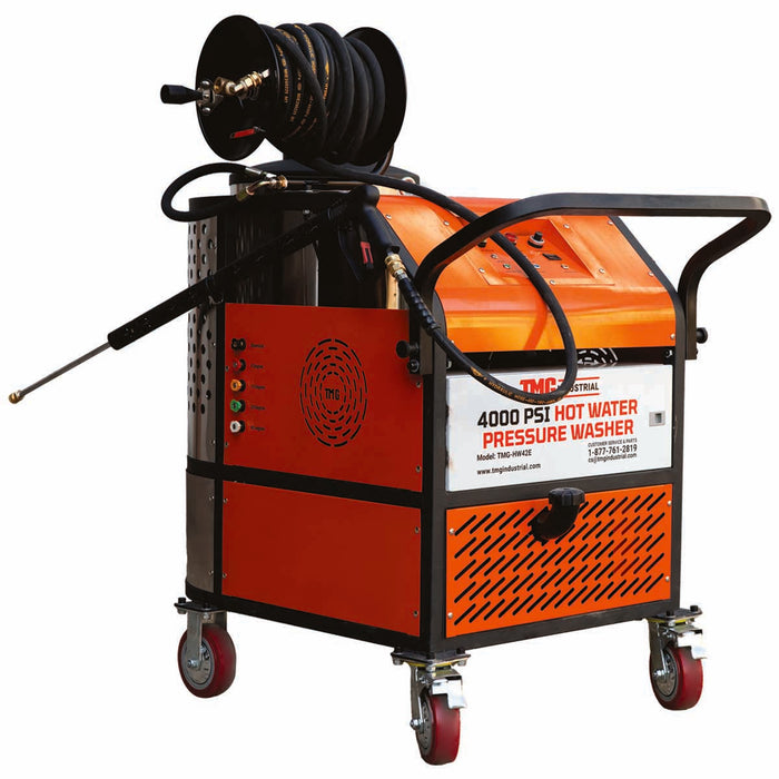 4000 PSI hot water pressure washer with 85ft hose reel and 7.5 HP electric motor TMG-HW42E