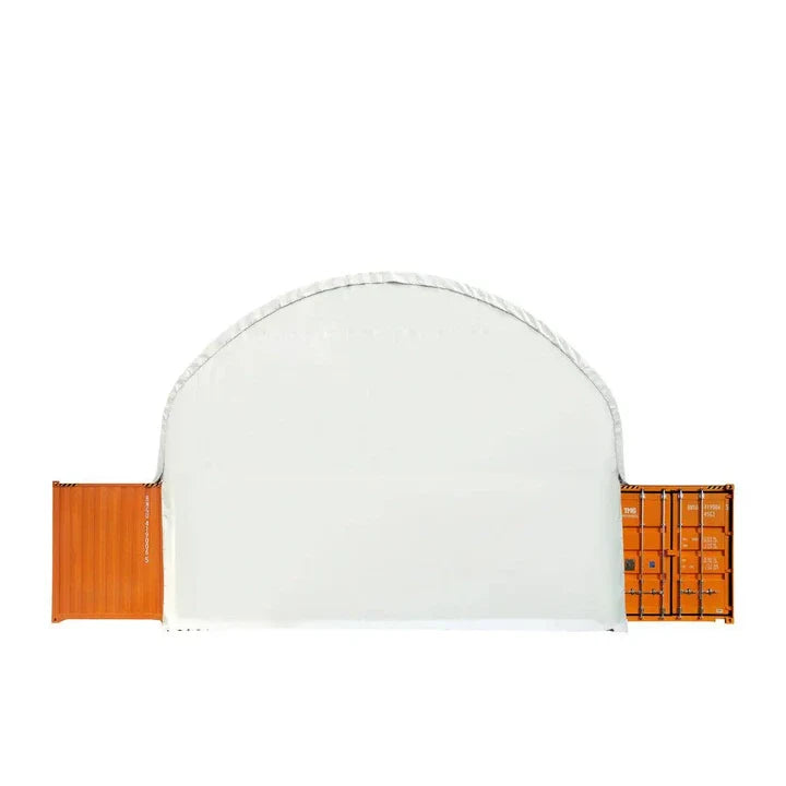TMG-DT4022CG8 40' x 20' dual truss container shelter with heavy duty 21 oz PVC cover and fully enclosed front and back walls
