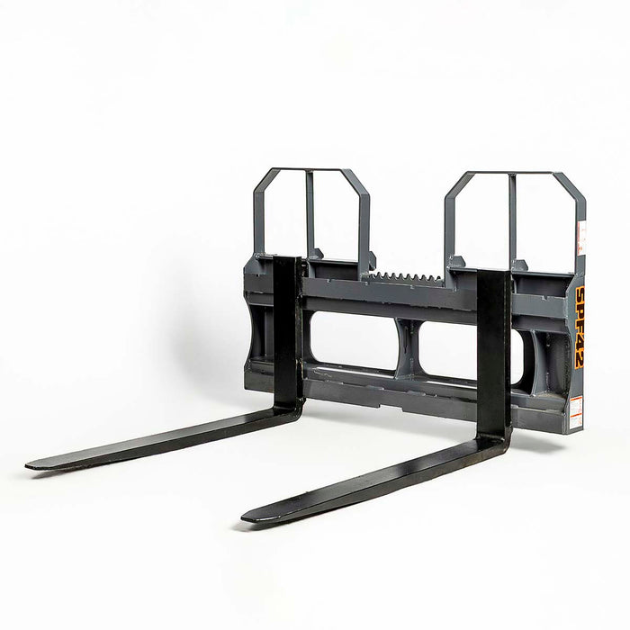 42" pallet fork for skid steer with heavy-duty Class II forks, 4,200 lbs capacity, and wide guard, TMG-SPF42