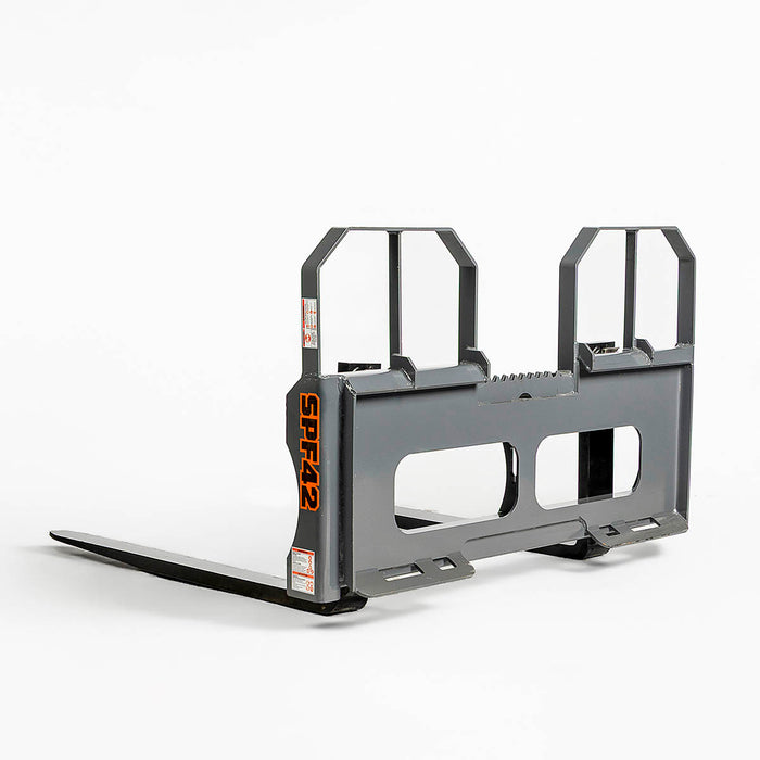 42" pallet fork for skid steer with heavy-duty Class II forks, 4,200 lbs capacity, and wide guard, TMG-SPF42