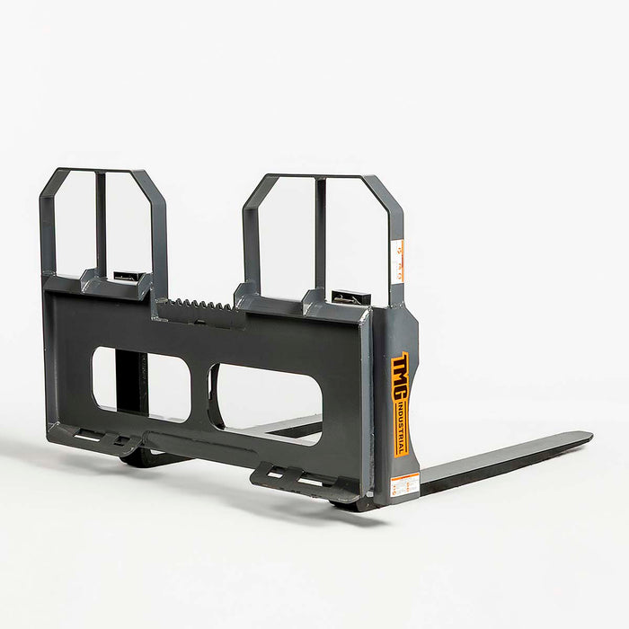 48" pallet fork for skid steer with heavy-duty Class II forks, 4,200 lbs capacity, and wide guard, TMG-SPF48
