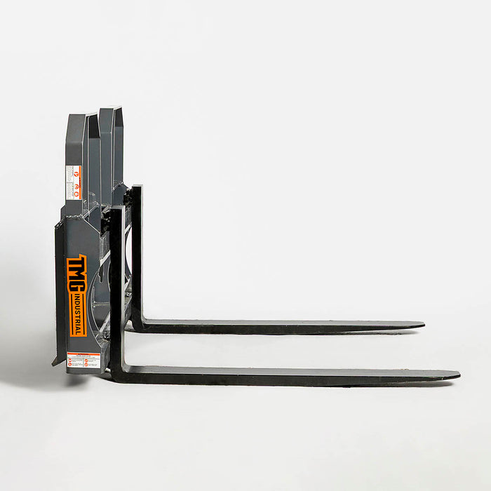 48" pallet fork for skid steer with heavy-duty Class II forks, 4,200 lbs capacity, and wide guard, TMG-SPF48