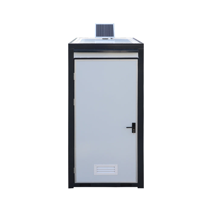 TMG FTS04 4ft portable washroom with ceramic toilet, triangular sink, solar powered exhaust fan, steel frame, EPS wall panels, and PVC wood grain floor