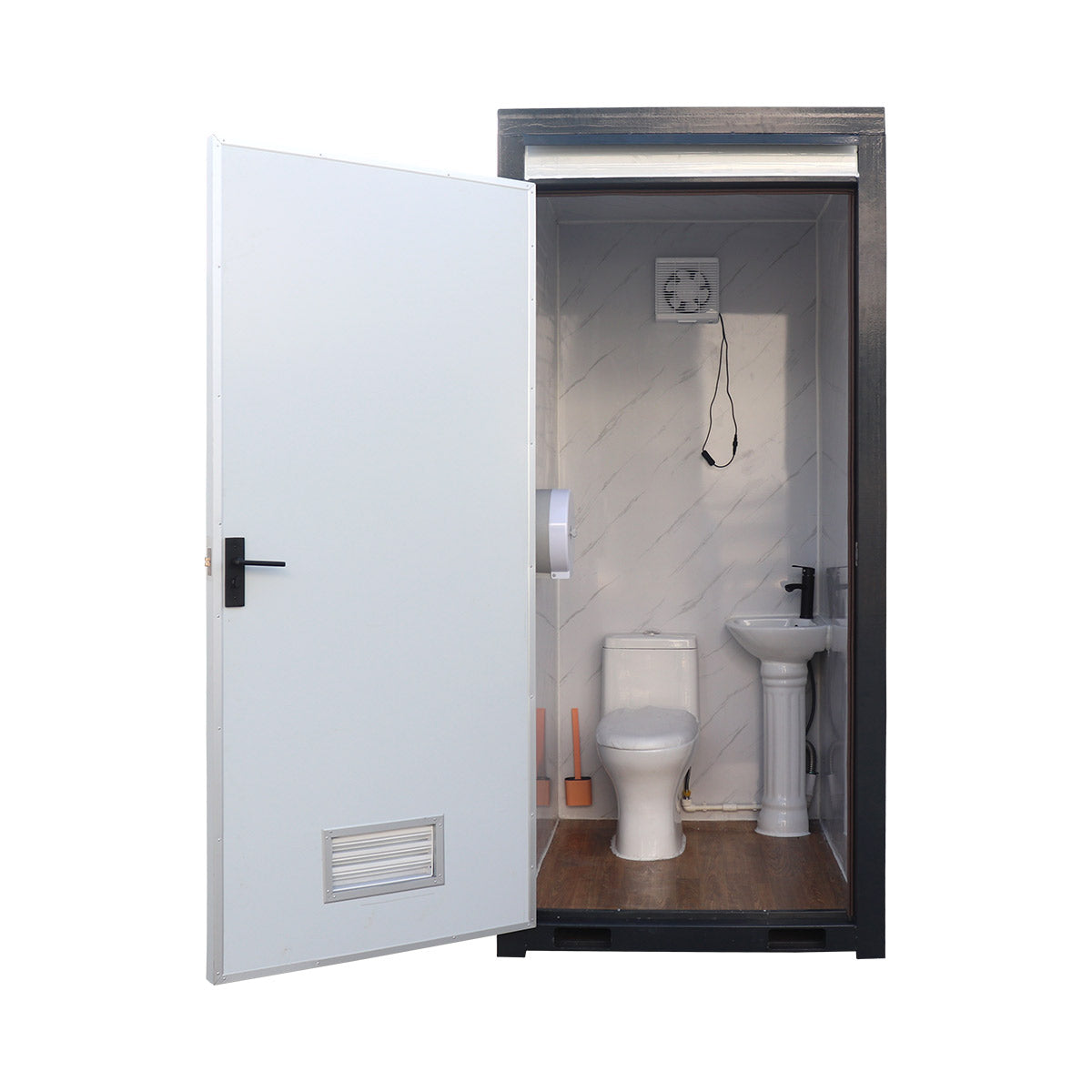 TMG FTS04 4ft portable washroom with ceramic toilet, triangular sink, solar powered exhaust fan, steel frame, EPS wall panels, and PVC wood grain floor