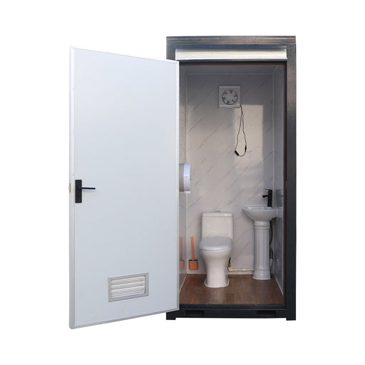 TMG FTS04 4ft portable washroom with ceramic toilet, triangular sink, solar powered exhaust fan, steel frame, EPS wall panels, and PVC wood grain floor