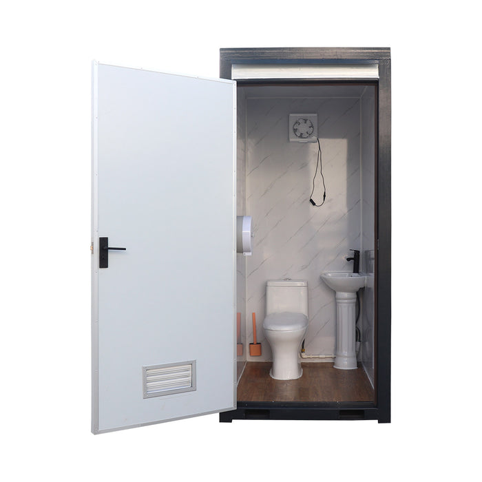 TMG FTS04 4ft portable washroom with ceramic toilet, triangular sink, solar powered exhaust fan, steel frame, EPS wall panels, and PVC wood grain floor