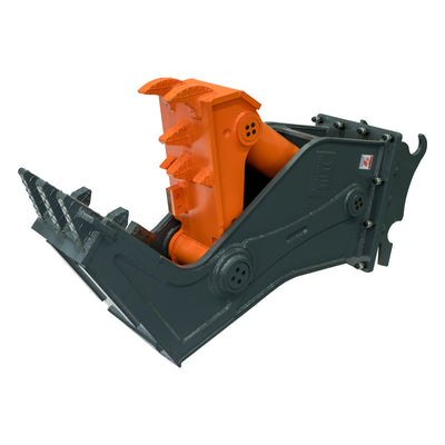 Three-quarter view showing orange hydraulic cylinder and serrated gray jaws, Hydraulic Pulverizer.