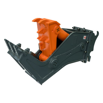 Three-quarter view showing orange hydraulic cylinder and serrated gray jaws, Hydraulic Pulverizer.
