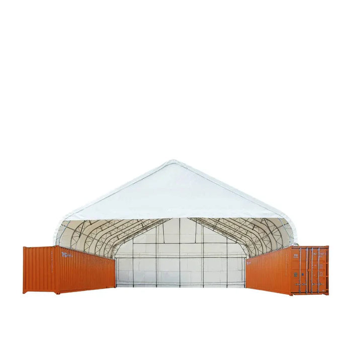 TMG-DT6070CF 60' x 70' dual truss container shelter with heavy duty 28oz PVC cover, enclosed end wall and front drop
