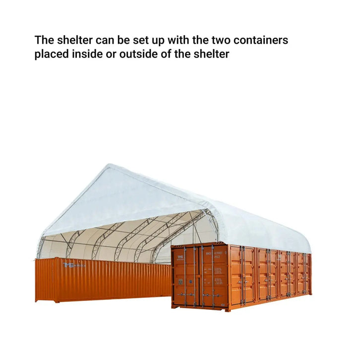 TMG-DT6070CF 60' x 70' dual truss container shelter with heavy duty 28oz PVC cover, enclosed end wall and front drop
