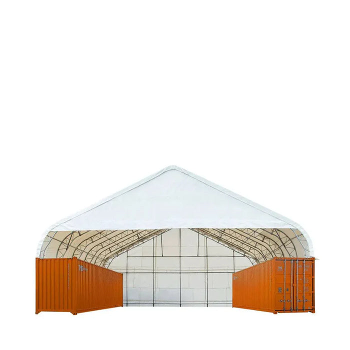TMG-DT6070CF 60' x 70' dual truss container shelter with heavy duty 28oz PVC cover, enclosed end wall and front drop
