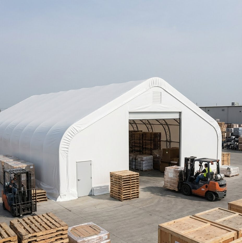 50' x 80' Dual Truss Storage Shelter with Heavy Duty 32 oz PVC Cover & Drive Through Doors, TMG-DT5080-PRO TMG Industrial