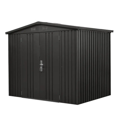 TMG-MS0608-PRO 6x8 Pro Series galvanized metal shed with 79 inch apex roof, vents, and 50x68 inch lockable door for secure weather-resistant outdoor storage