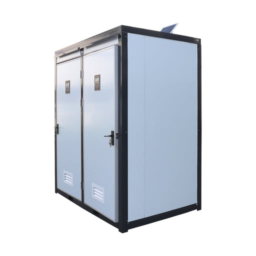 TMG-FTD07 7ft portable restroom with two private stalls, ceramic toilets, triangular sinks, and solar exhaust fan in durable steel frame