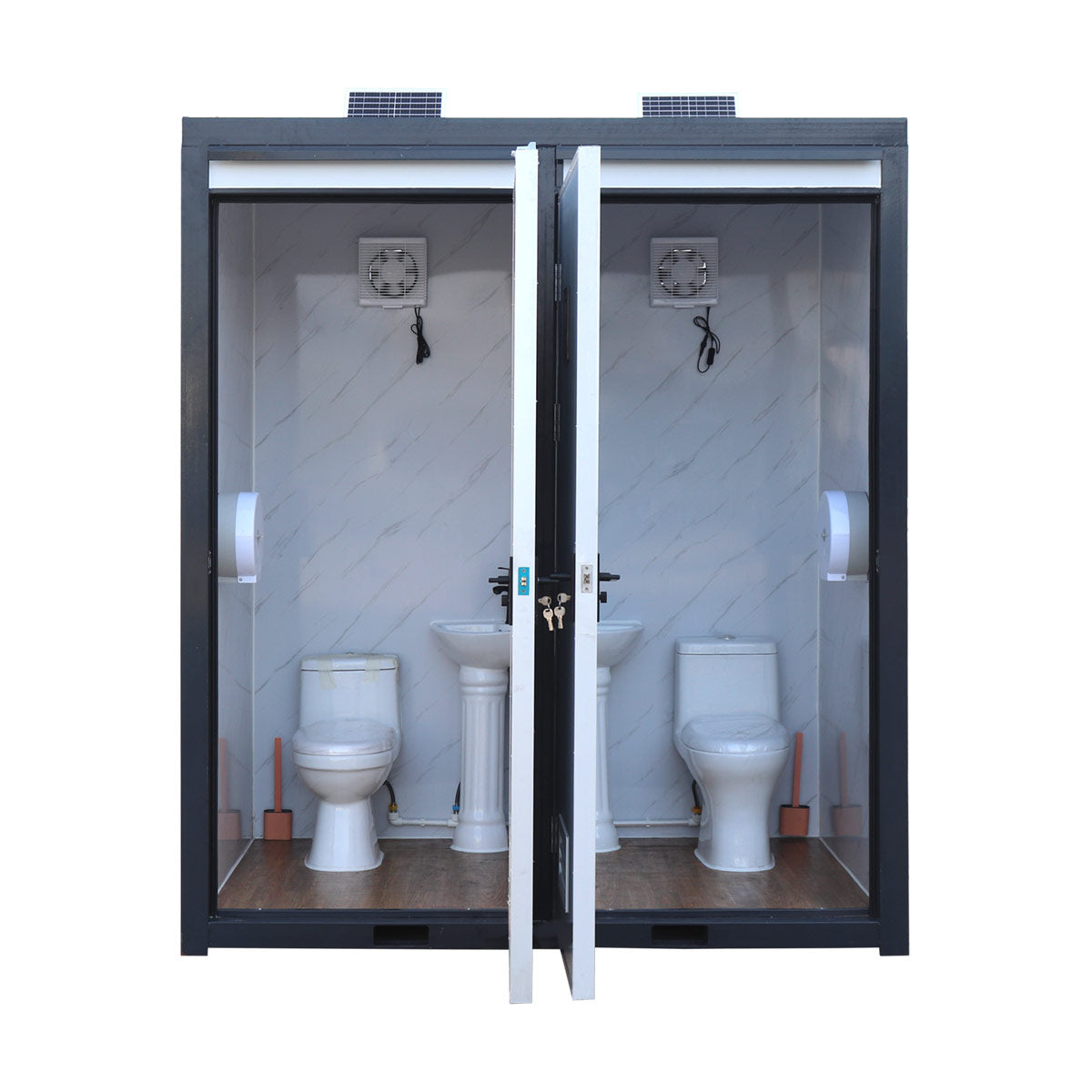 TMG-FTD07 7ft portable restroom with two private stalls, ceramic toilets, triangular sinks, and solar exhaust fan in durable steel frame