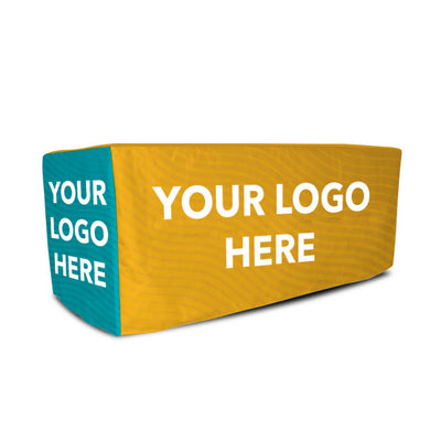 Printed polyester table cover with custom logo placeholder in a teal and yellow design