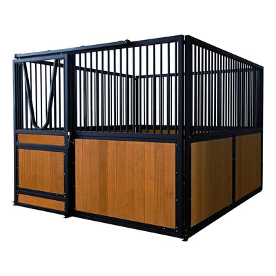 9' x 10' pre-built bamboo horse stall with vertical bar top, sliding door, powder-coated steel frame, and U-shaped opening for horse comfort – ideal for barns and stables.
