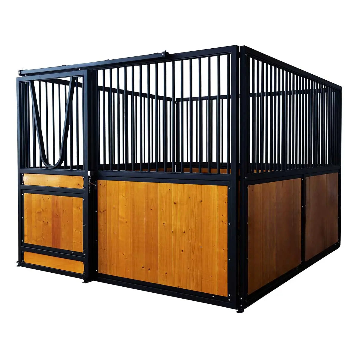 9' x 10' pre-built pine lumber horse stall with vertical bar top, sliding door, U-shaped opening, and powder-coated steel frame – modular panels for barn installation.