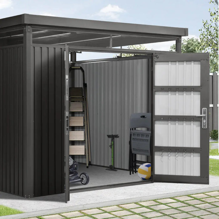 TMG-MS0909-PRO 9x9 Pro Series galvanized metal shed with skylight windows, vents, and 59x70 inch lockable door for secure outdoor storage