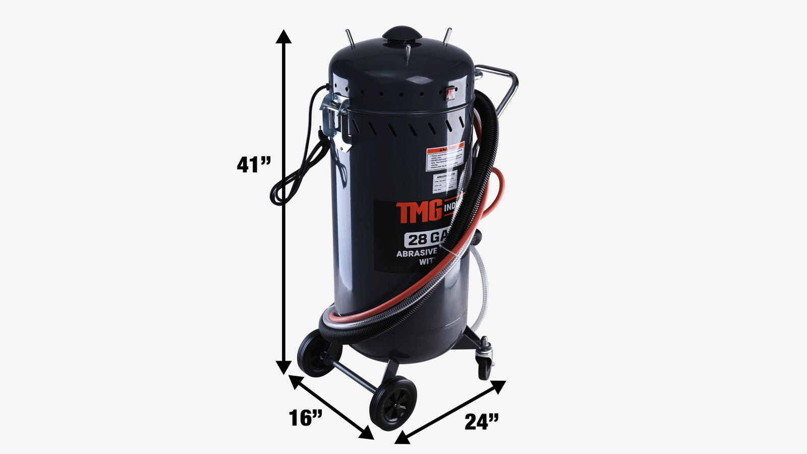 TMG Industrial 28 Gallon Abrasive Sandblaster w/Vacuum, 115 PSI, 22 CFM, Tuyau de 8 pi, Roues en caoutchouc de 6 po, TMG-ABC28-specifications-image