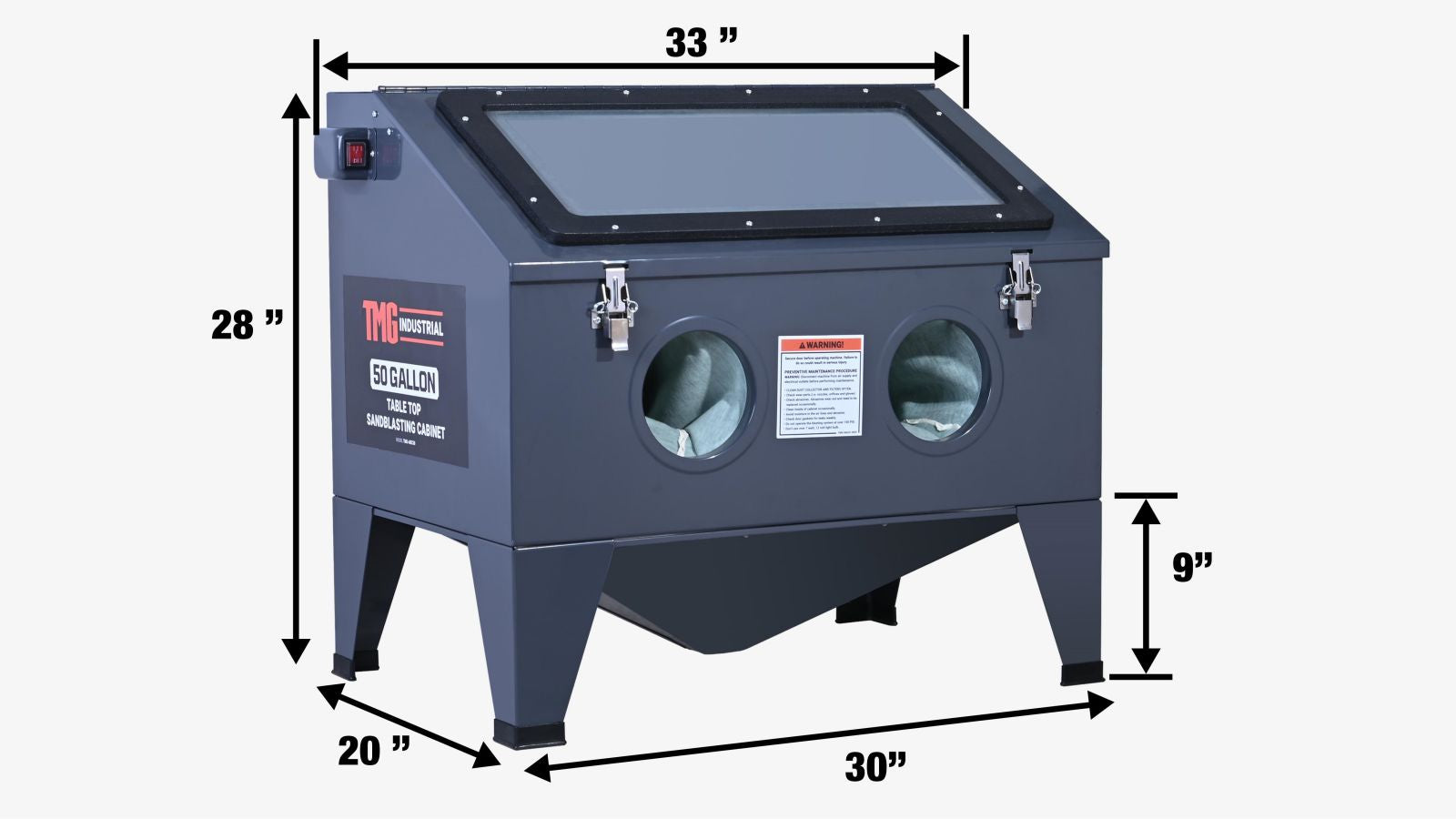 TMG Industrial 50 Gallon/190L Top-Open Bench Top Abrasive Sandblaster w/View Window, 115 PSI, 15 CFM, TMG-ABC50-specifications-image