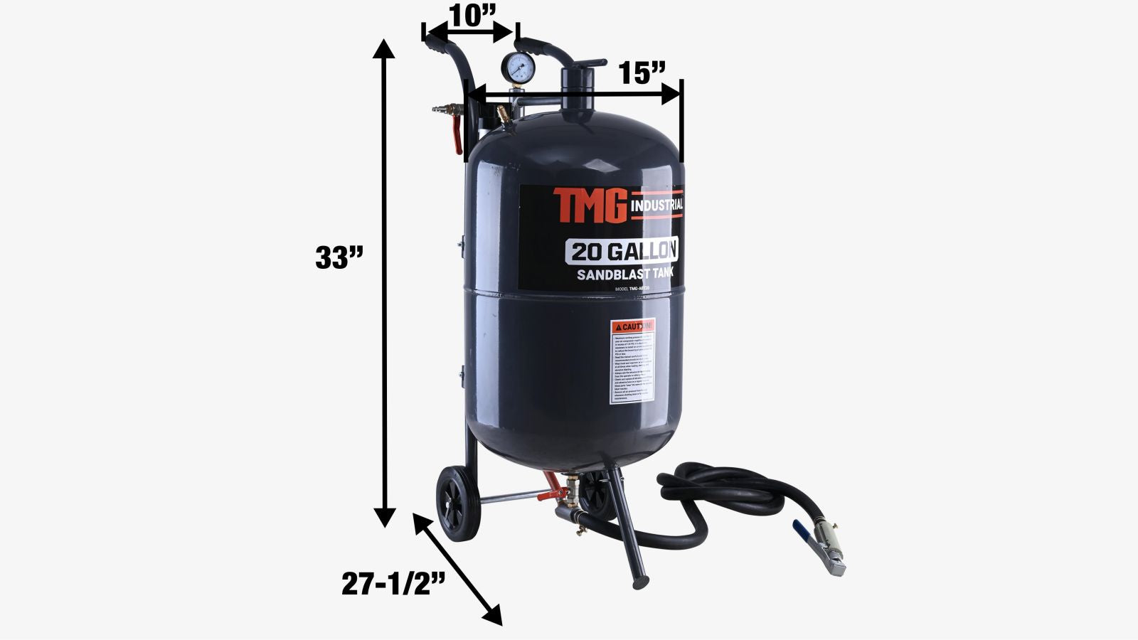 TMG Industrial 20 Gallon Portable Sandblaster, 125 PSI, 25 CFM, 8’ Hose, 5” Rubber Wheels, Filling Funnel, TMG-ABT20-specifications-image