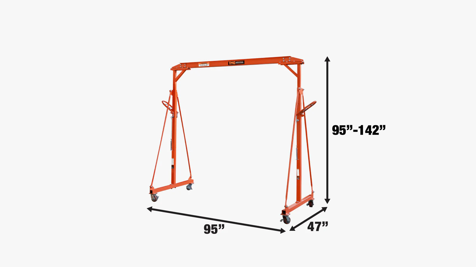 TMG Industrial 1100-lb Adjustable Height All-Steel Gantry Crane, Auto-Lock, 95” Min. Height, 142” Max. Height, Locking Swivel Caster Wheels, TMG-AGC06(Previously TMG-AGC05)-specifications-image