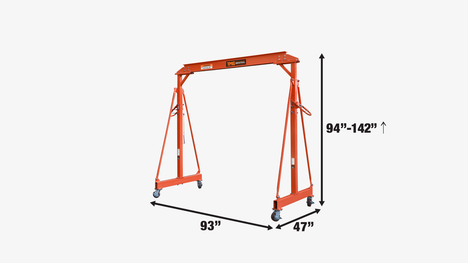 TMG Industrial 4400-lb Adjustable Height All-Steel Gantry Crane, Auto-Lock, 94” Min. Height, 142” Max. Height, Locking Swivel Caster Wheels, TMG-AGC20-specifications-image