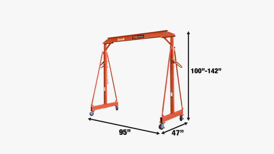 TMG Industrial 4400-lb Grue à portique tout acier à hauteur réglable, verrouillage automatique, 94" min. Hauteur, 142" max. Hauteur, roulettes pivotantes verrouillables, TMG-AGC20