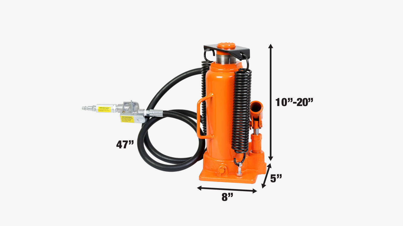 TMG Industrial 12 Ton Air Hydraulic Bottle Jack, Manual & Pneumatic Control, Double Springs, 20” Lift Height, TMG-AJA12-specifications-image