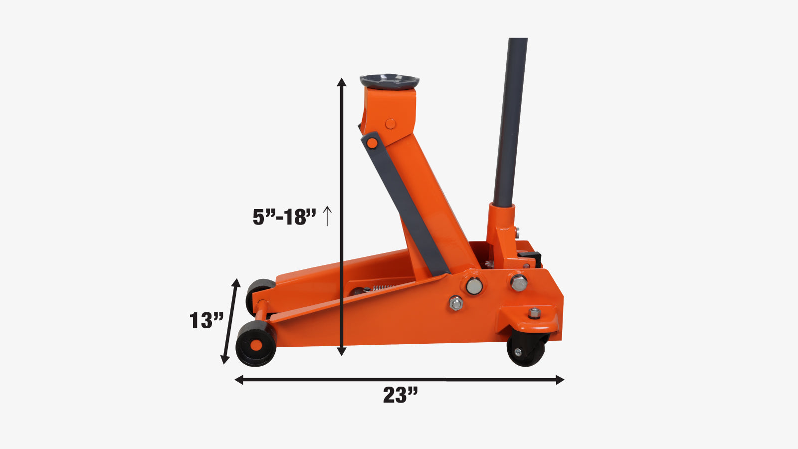 TMG Industrial 3 Ton Floor Jack, Twin Pistons, 18” Max. Height, 5” Ground Clearance, 360° Caster Pivot, TMG-AJF03-specifications-image