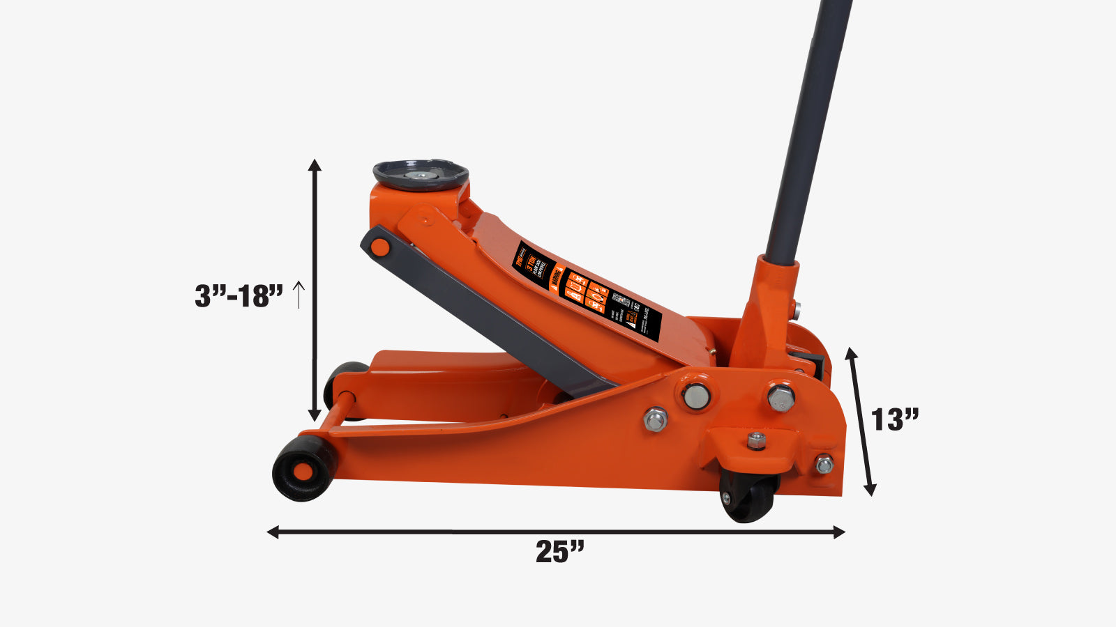 TMG Industrial 3 Ton Low Profile Floor Jack, 18” Max. Height, 3-1/2” Ground Clearance, 360° Caster Pivot, TMG-AJF03L-specifications-image