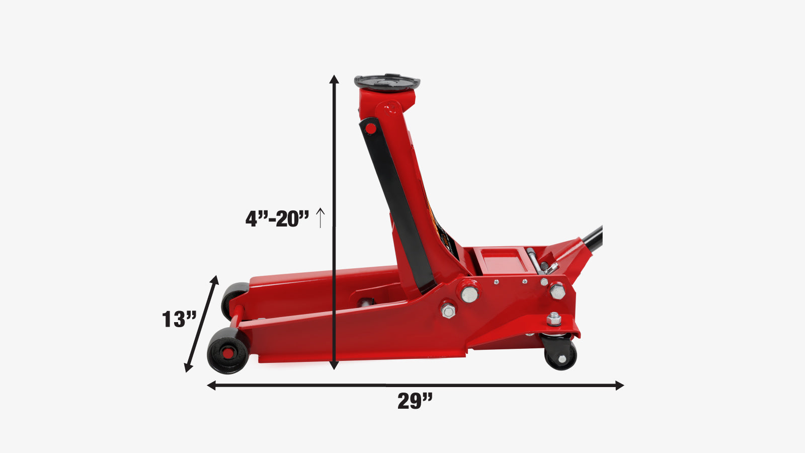 TMG Industrial Cric de plancher à profil bas de 4 tonnes, 20 po max. Hauteur, garde au sol de 4 po, pivot de roulette à 360°, TMG-AJF04L-specifications-image