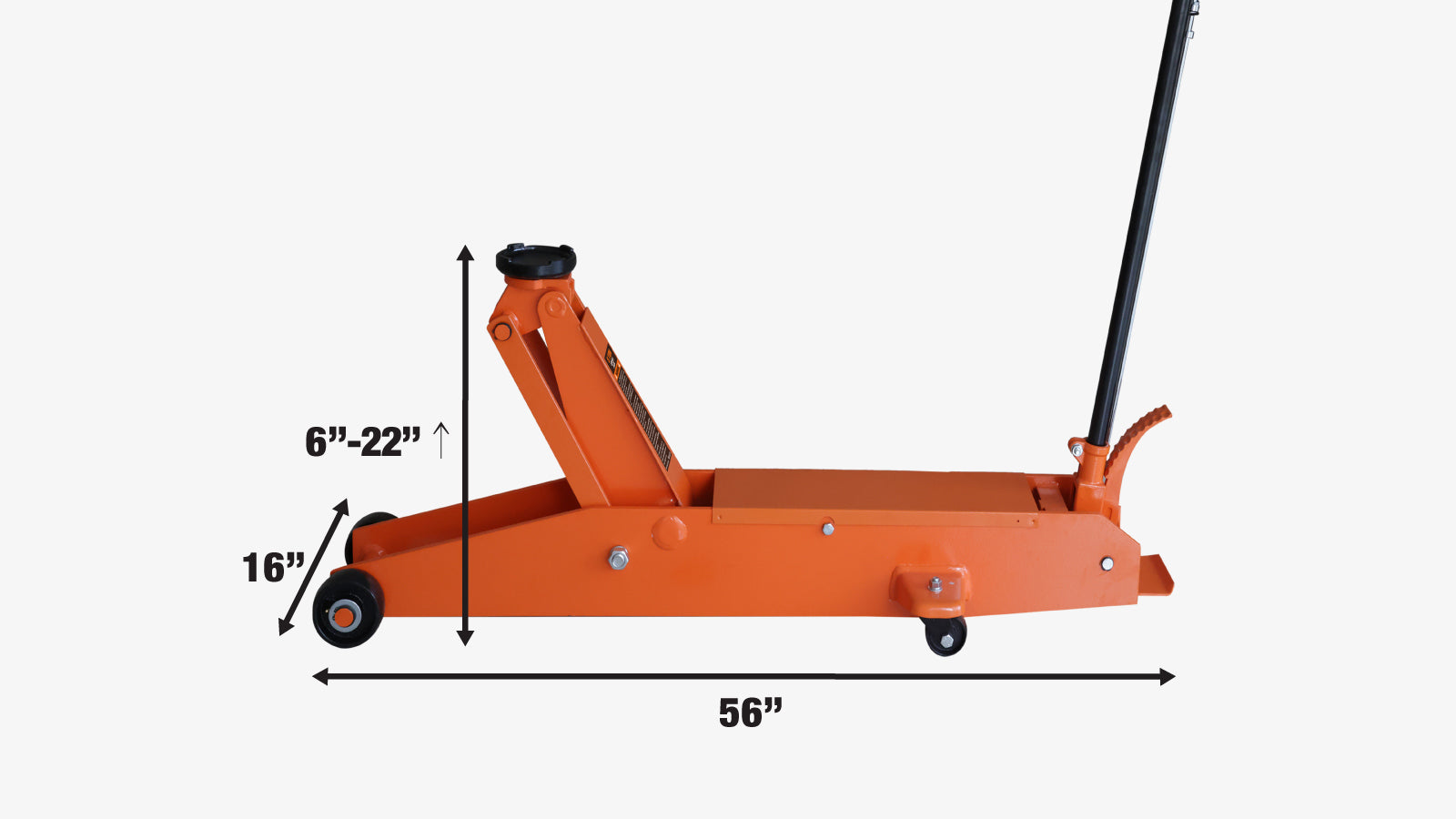 TMG Industrial 5 Ton Long Reach Chassis Service Jack, Single Piston, 6-1/2” Ground Clearance, 360° Pivot, TMG-AJL05-specifications-image
