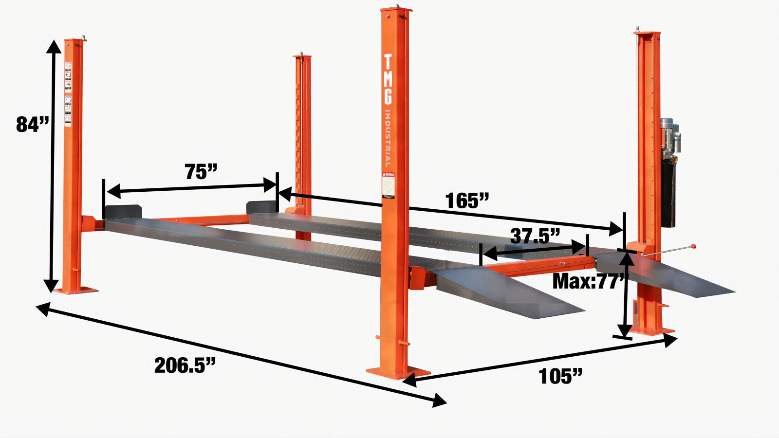 TMG Industrial 4-Post Auto Lift, capacité de levage de 9 000 lb, hauteur de 77 po, rampe amovible, bloc d'alimentation certifié CETL, TMG-ALF90-specifications-image
