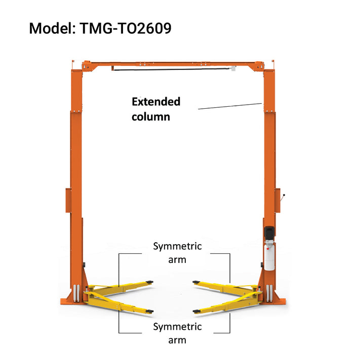 TMG-TO2609 10,000 lb two-post overhead auto lift, ALI certified extended height model
