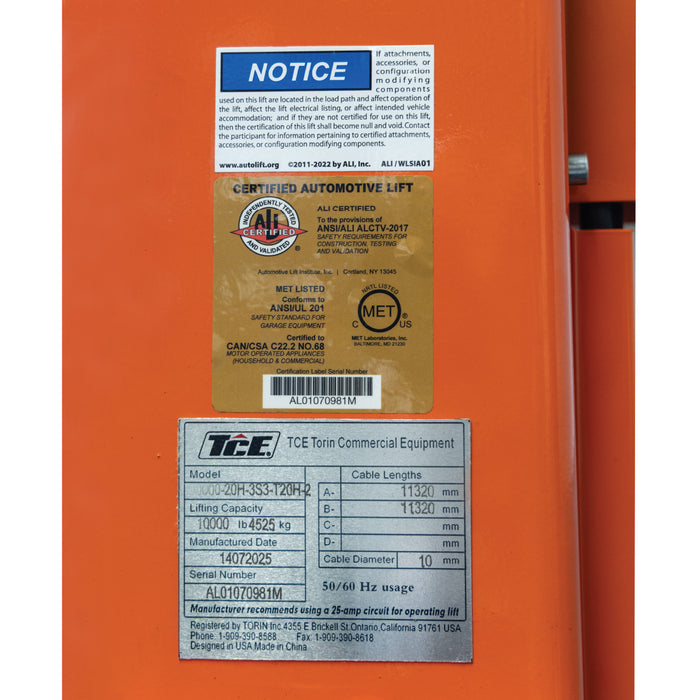 TMG-TO2593 10,000 lb two-post overhead auto lift, ALI certified standard height model
