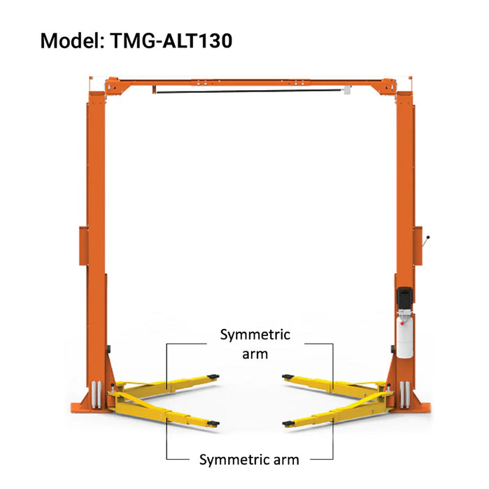 ALI Certified 10,000 lb Two-Post Overhead Auto Lift, Symmetric Arms, 79" Lift Height, 144" Cross Beam TMG-ALT130
