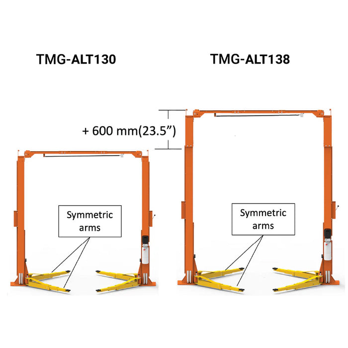 ALI Certified 10,000 lb Two-Post Overhead Auto Lift, Symmetric Arms, 79" Lift Height, 144" Cross Beam TMG-ALT130