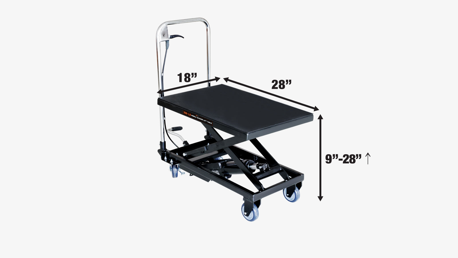 TMG Industrial 330-Lb Mobile Scissor Lift Table, 28” Lifting Height, Foot Pedal Operation, Rubber Padded Tabletop, TMG-ALS01-specifications-image
