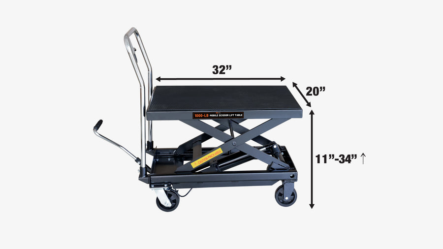 1100-lb Mobile Scissor Lift Table, 34" Lifting Height, Foot Pedal Operation, Rubber Padded Tabletop, TMG-ALS05