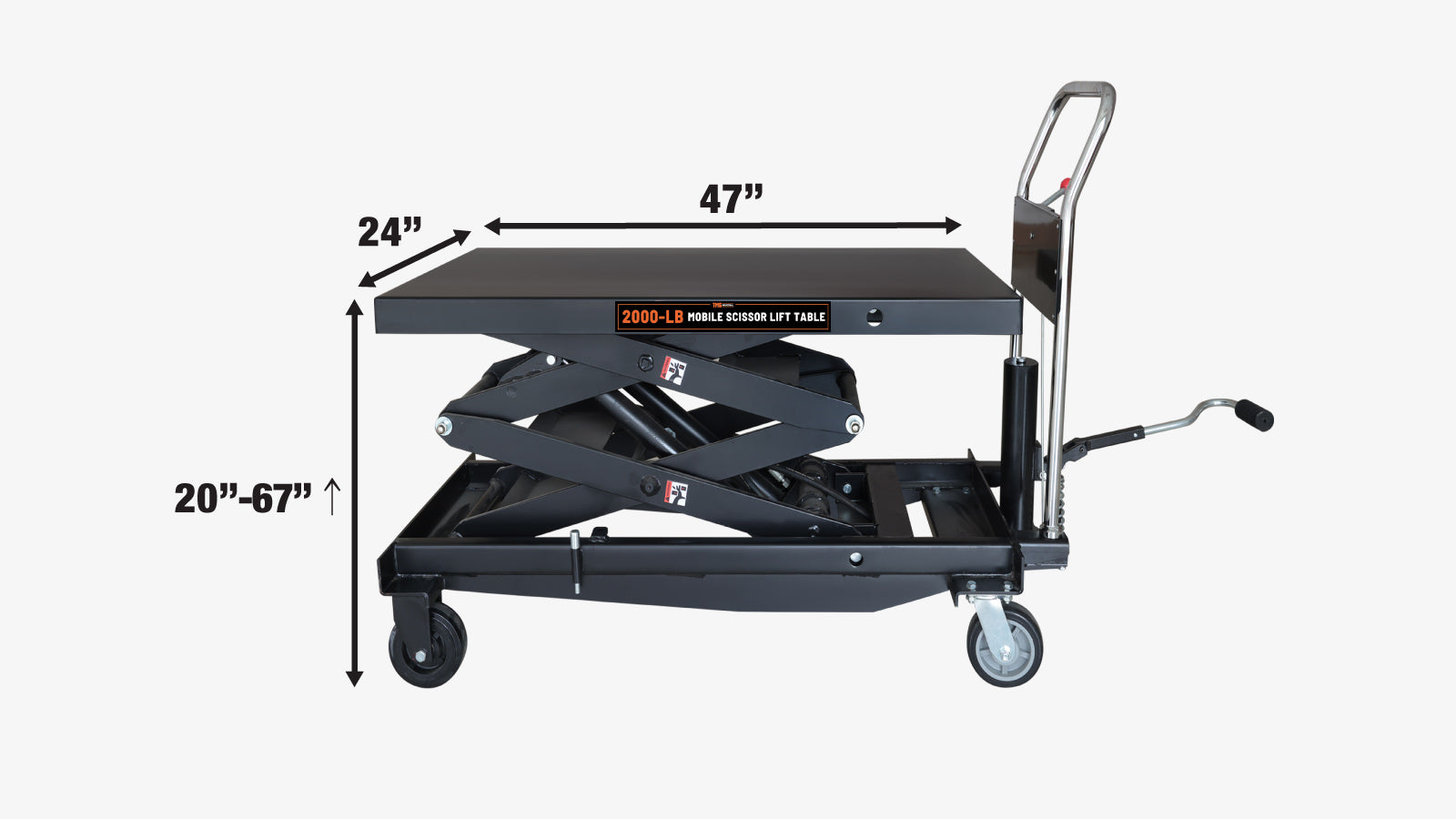 TMG Industrial Table élévatrice mobile à ciseaux de 2 200 lb, hauteur de levage de 67 po, fonctionnement par pédale, dessus de table rembourré en caoutchouc, TMG-ALS10-specifications-image
