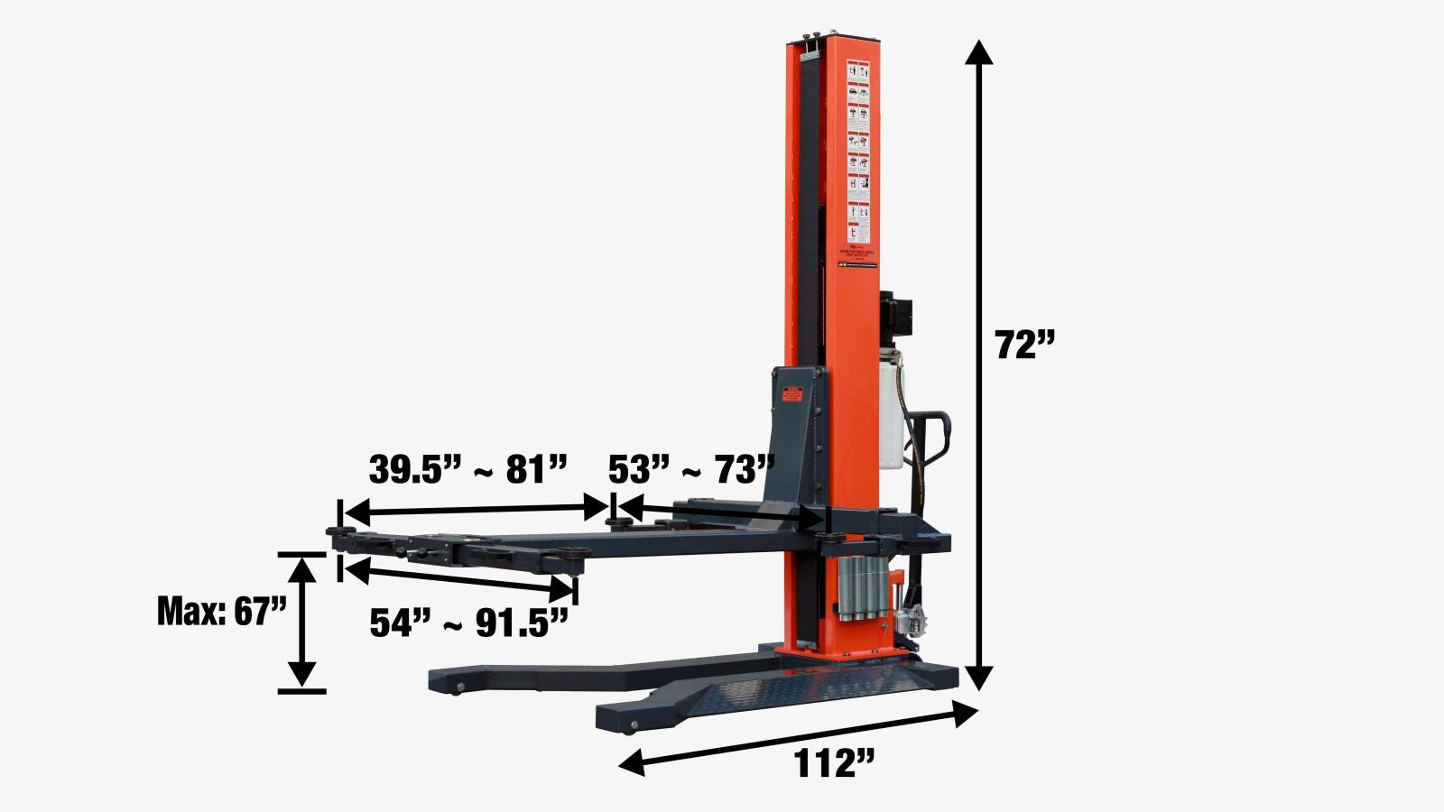 TMG Industrial 6000 LB Portable Single Post Auto Lift, 72'' Lifting Height, Low Profile Jack, CETL certified Pump, TMG-ALSP60-specifications-image