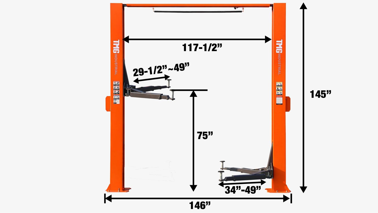 TMG Industrial 10,000-lb Two Post Overhead Auto Lift, Symmetric Arms, 72” Lift Height, Dual-Point Lock Release, TMG-ALT100-specifications-image